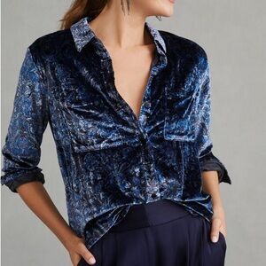 Anthropologie Pilcro Relaxed Velvet Buttondown Shirt Blue Motif